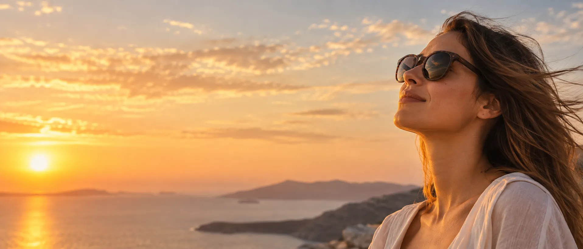 A woman in sunglasses tilting her face to the sunset