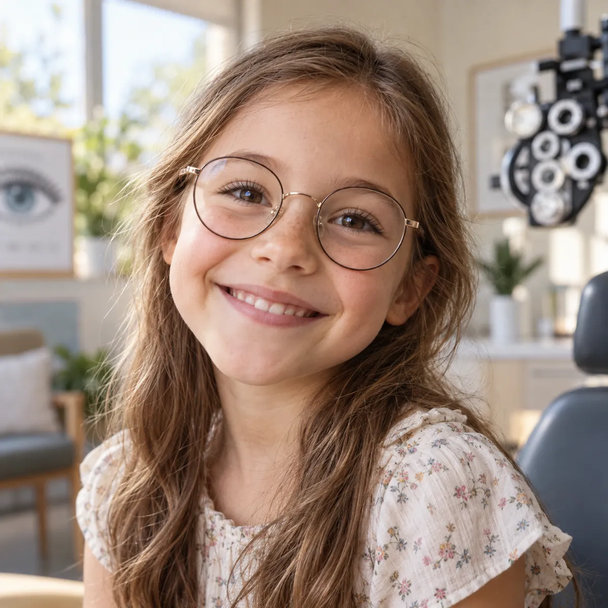 A smiling girl wearing round glasses