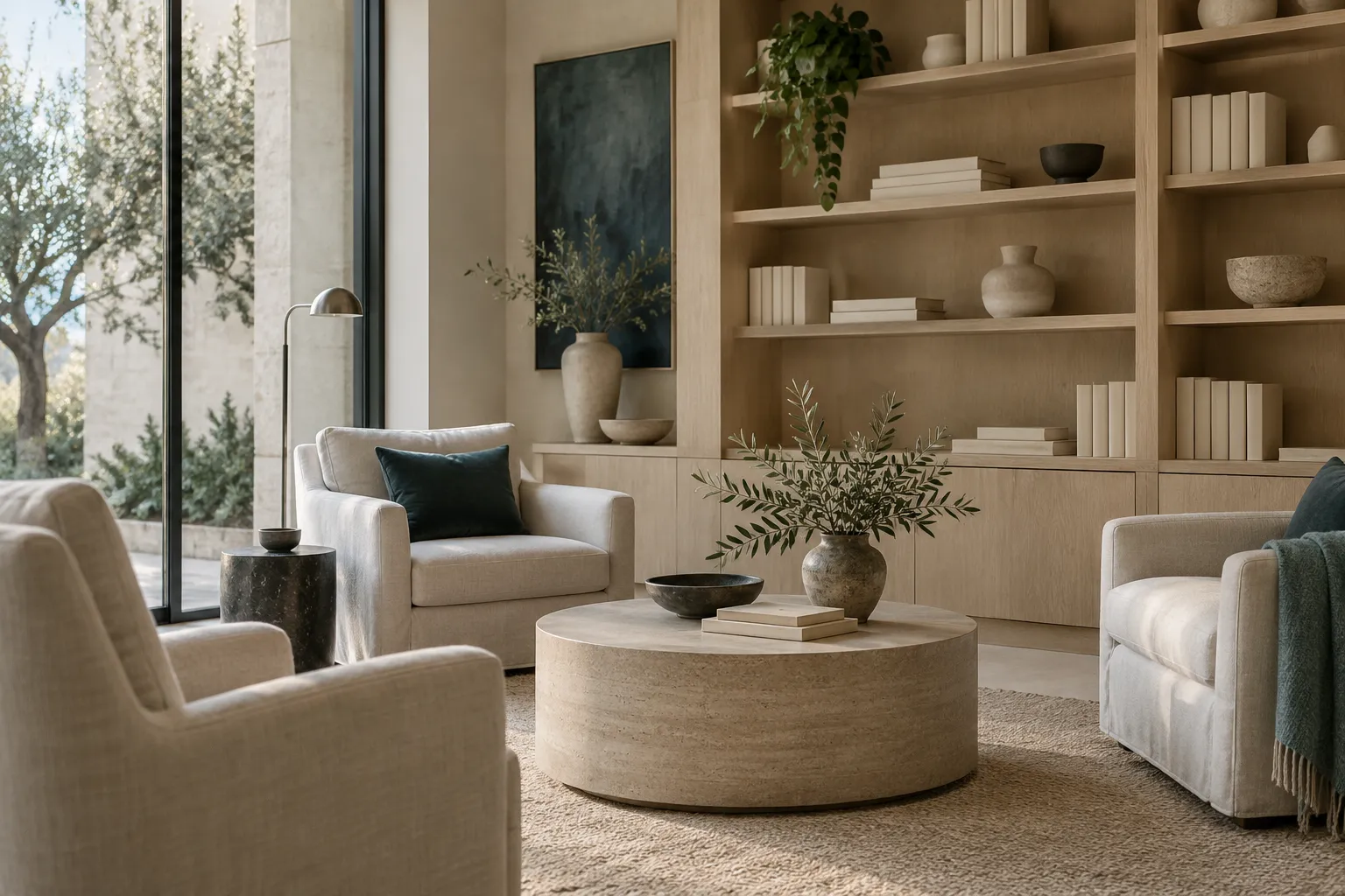 Calm waiting area with armchairs, shelving and daylight